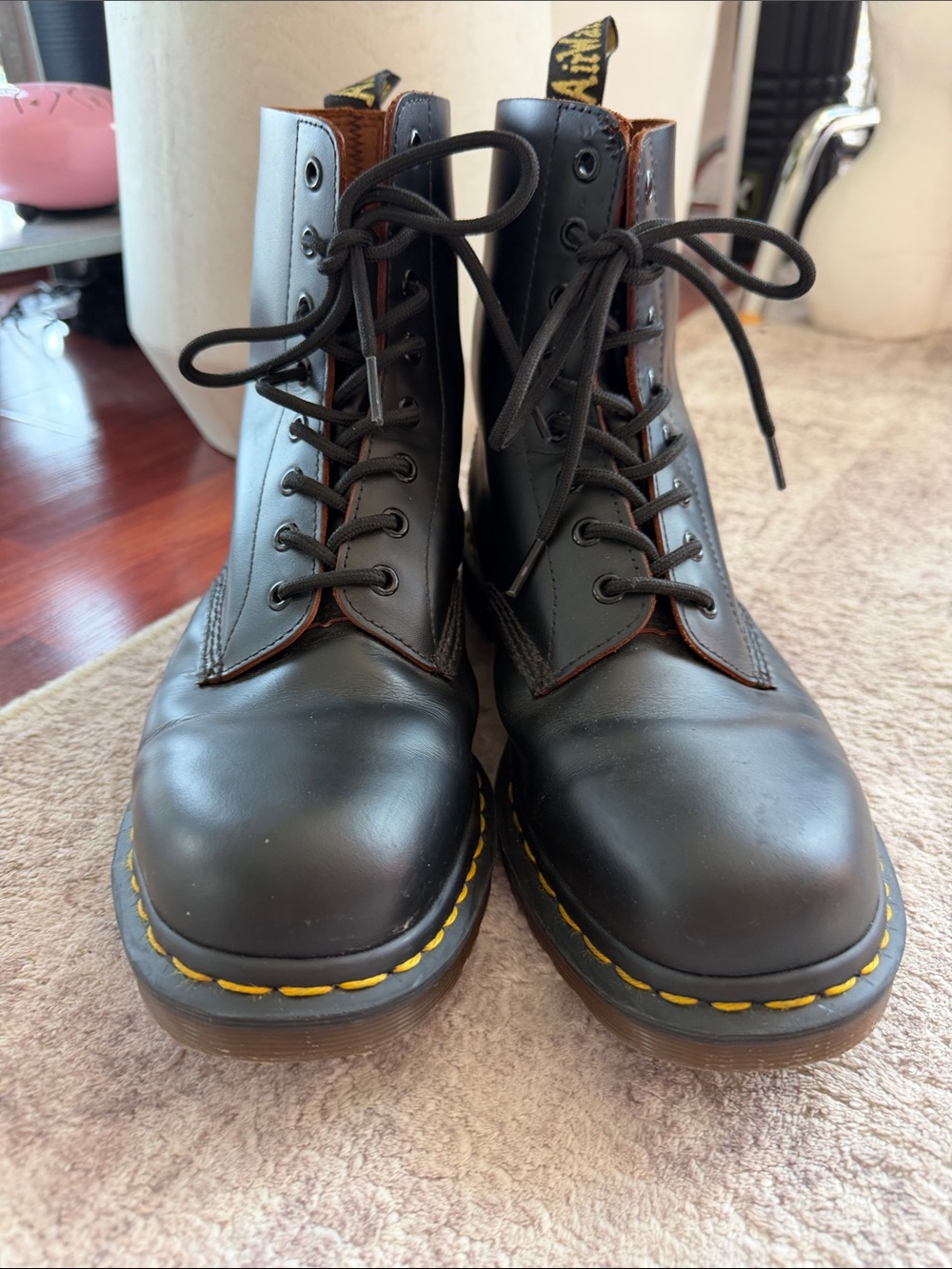 Dr. Martens True Leather 8-Eye Lace-Up Boots with Yellow Stitching